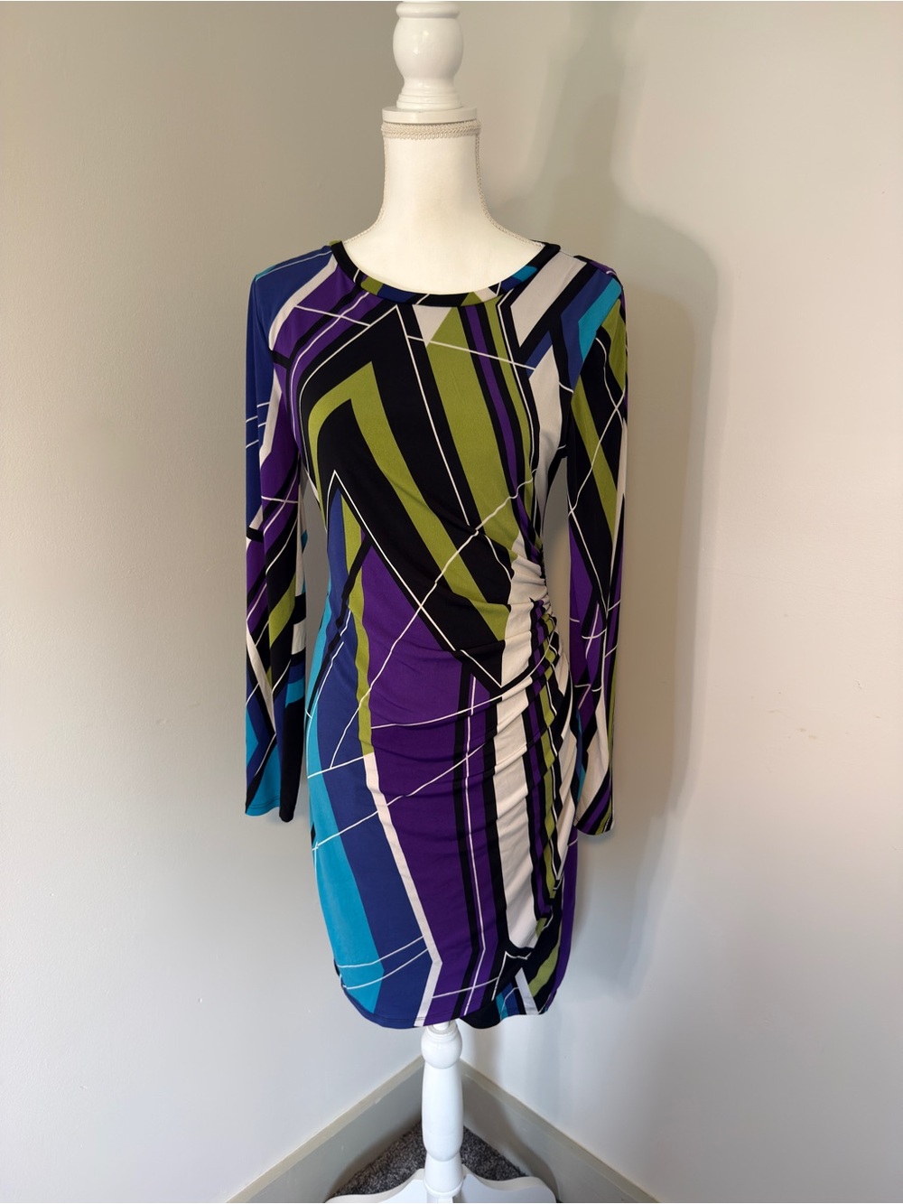 Bisou Bisou Michele Bohbot Geometric Ruched Sheath Long-Sleeve Dress
